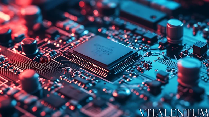 Neon-tinted circuits cradle a chip like a glowing city core