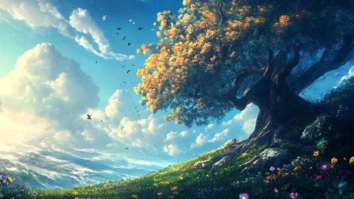 Large old tree on hillside under bright sky with clouds.