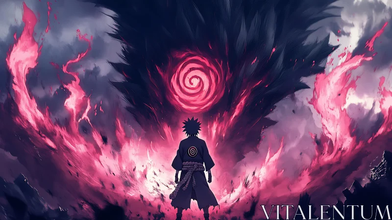 Backlit warrior confronts spiral vortex within crimson energy storm