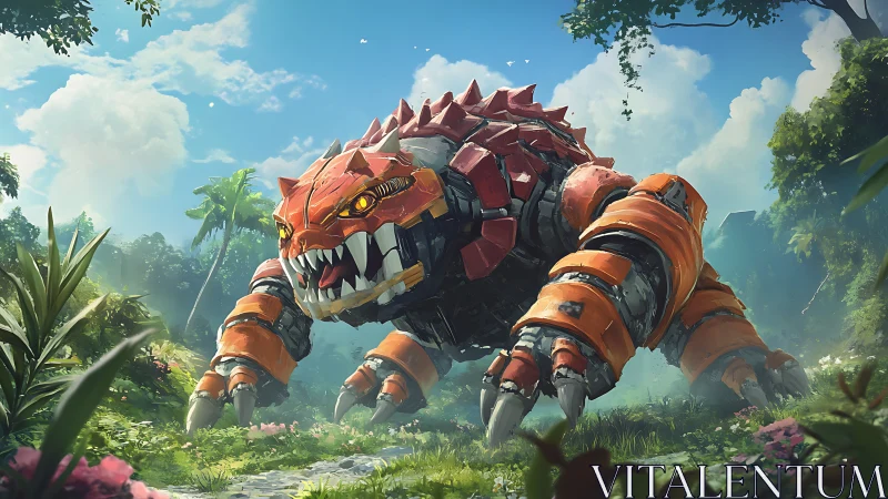 Mechanical quadruped creature moves through dense jungle terrain