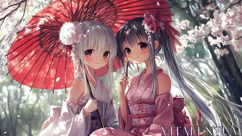 Dual parasol portrait under cherry blossoms with soft rim lighting