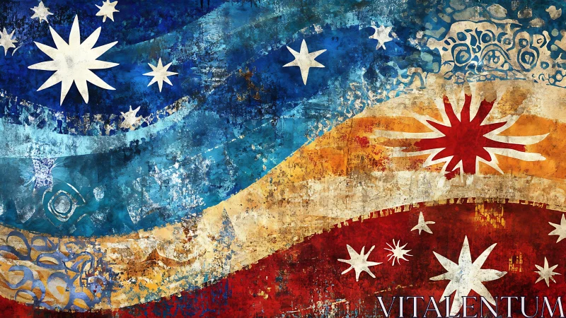 Abstract tricolour waves with stylised stars and textured layers.