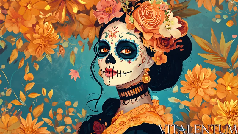 Dia de Muertos calavera portrait amid marigold bloom field.