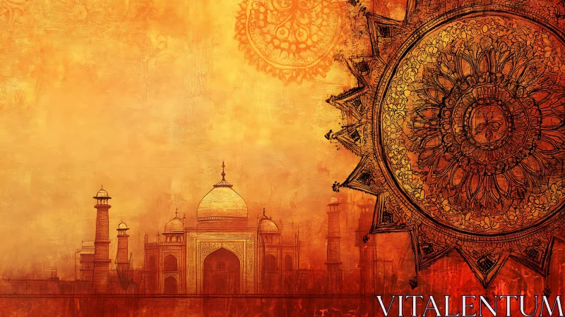 Taj Mahal silhouette meets ornate mandala in fiery gradient