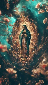 Madonna icon glows amid cosmic blossoms and golden halo.