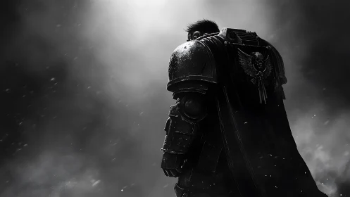 Armored warrior in dark mist with ornate cape emblem.