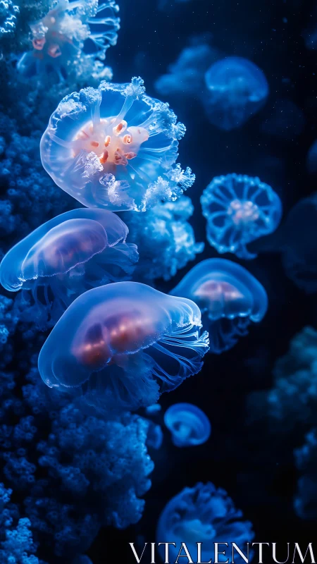 Midnight jellyfish ballet drifting through sapphire gloom.