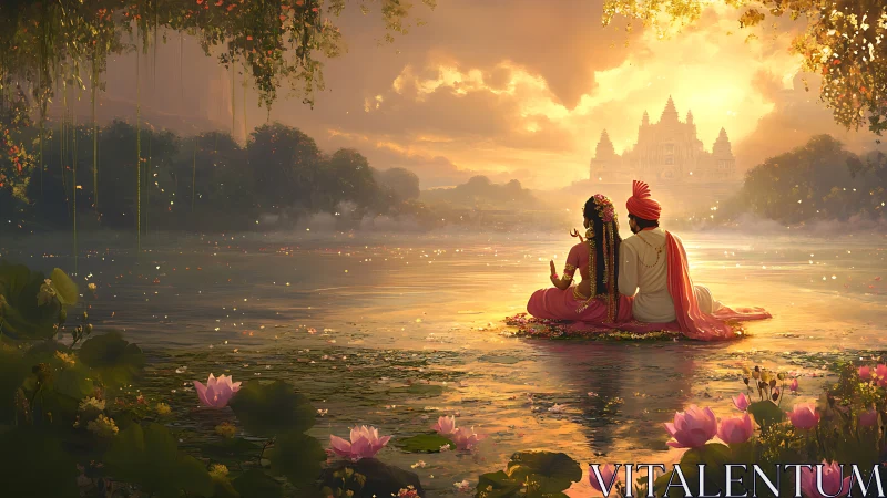 Lotus raft drifts toward a sunlit temple of distant vows