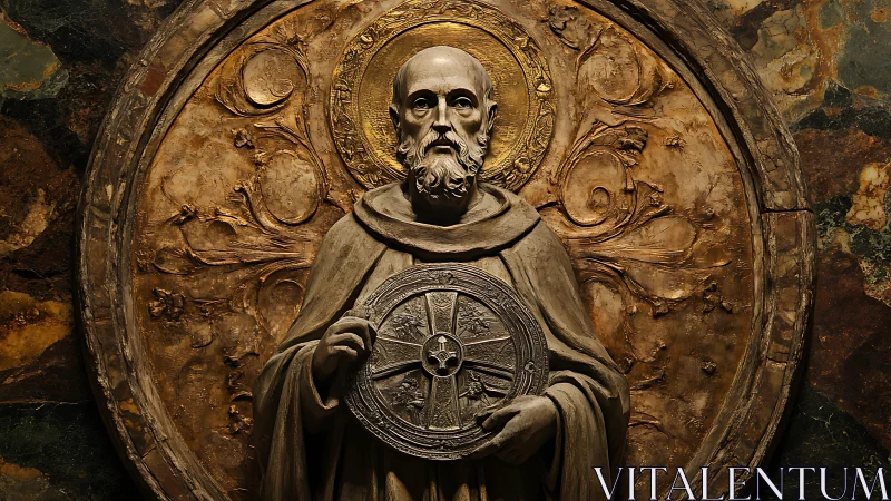 Medieval monk relief before ornate gilded halo medallion.