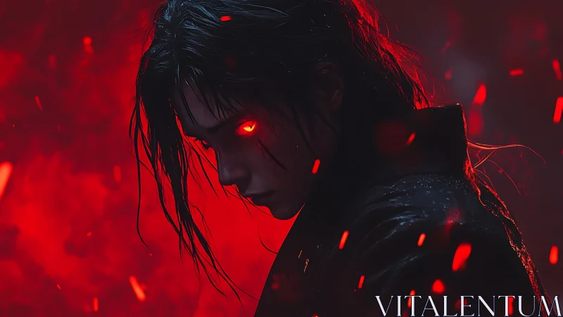 Dark figure with glowing red eyes emerges through embers