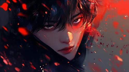 Digital portrait of intense gaze amid red abstract light.