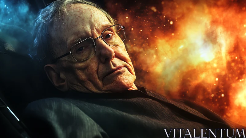 Elder thinker adrift before twin nebula fires of memory.