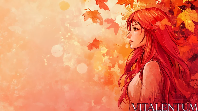 Autumnal chromatic portrait of red haired woman in profile.