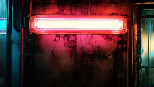 Neon light bar glowing over distressed urban wall.