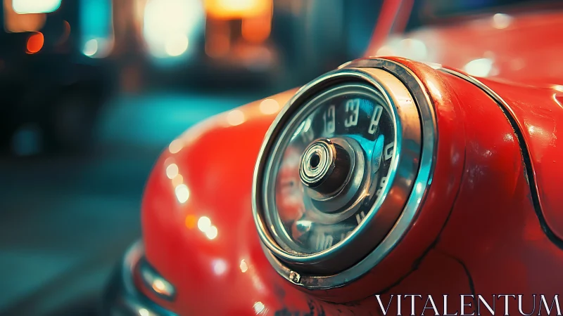 Vintage red car speedometer glows under neon night lights.