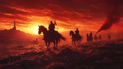 Riders cross a blazing red horizon toward distant memories.