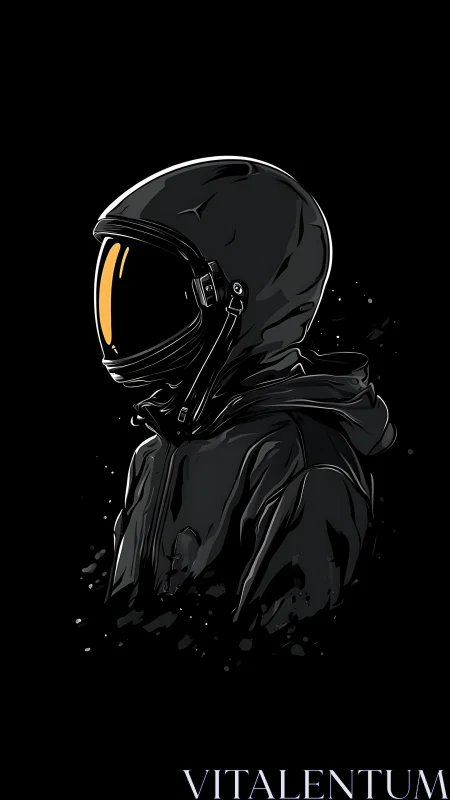 Side-profile black spacesuit figure with amber visor on black