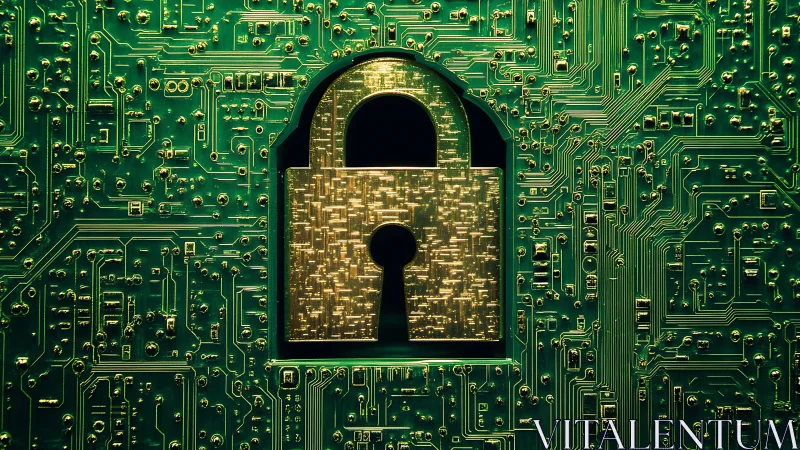 Cyber lock emblem over luminous green circuit board.