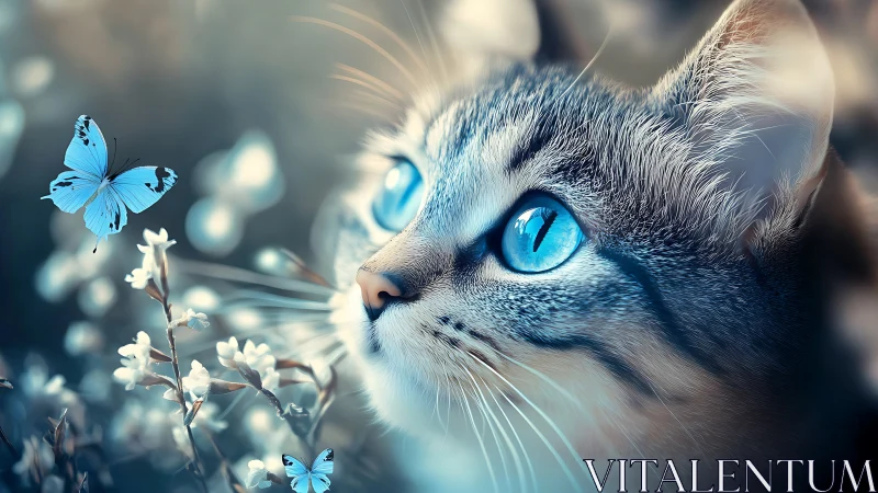 Blue-Eyed Cat with Butterfly and White Flowers.