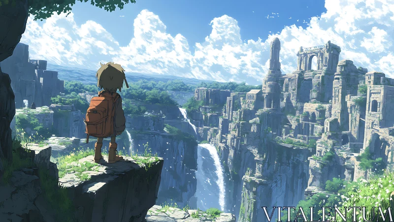 Young wanderer gazes over sunlit waterfalls and ruins.