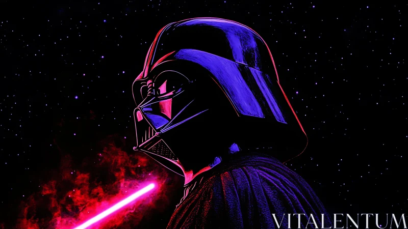 Neon-lit dark armored figure with glowing lightsaber profile.