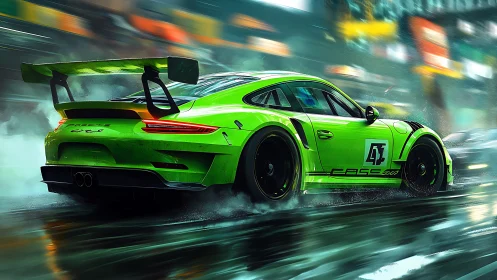 Neon-lime racer carving rain-slicked city asphalt at speed.