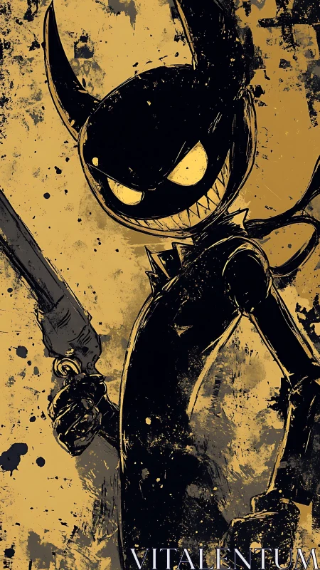 Sinister horned cartoon swordsman stands in gritty splatter art.