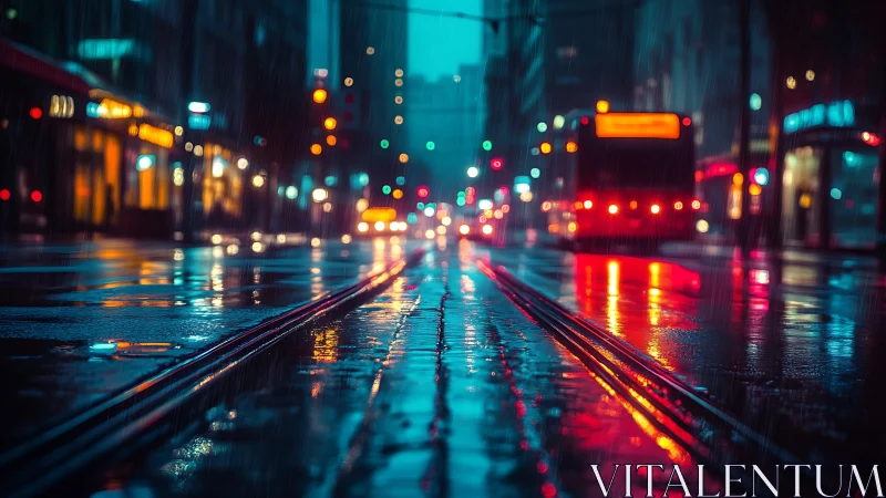 Neon city street glows through rain on reflective tram tracks.