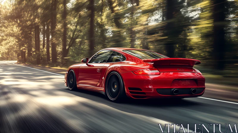 Red sports car glides through a sunlit forest highway