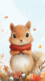 Squirrel stands upright wearing red scarf amid floral field