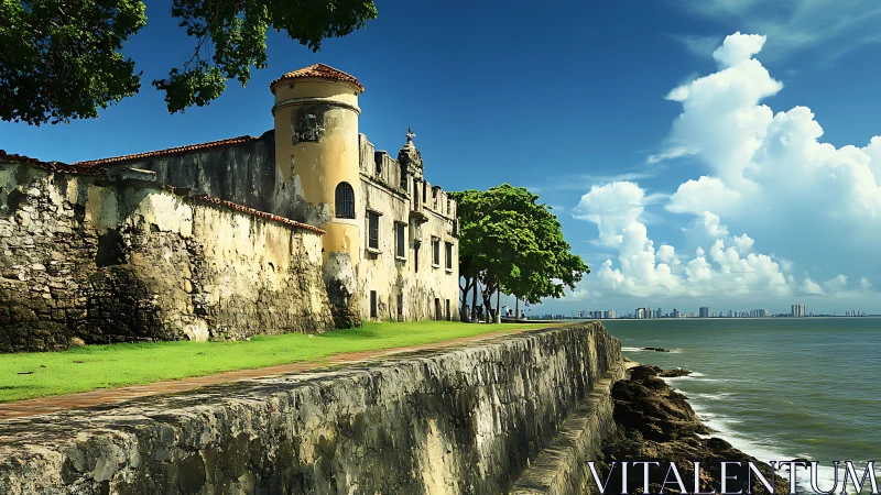 Weathered Fortress Meets Modern Horizon: Coastal Castle Dreams.