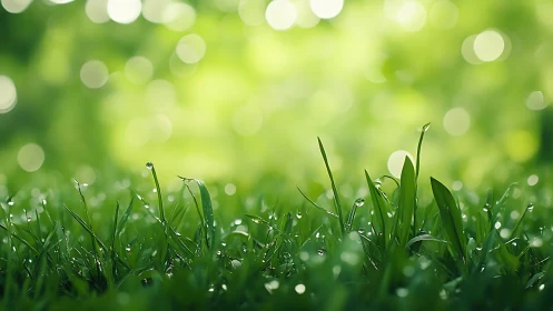 Macro study of dew-coated grass blades with circular bokeh field.