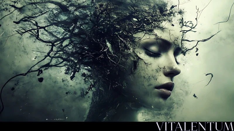 Dreaming forest spirit wrapped in drifting roots and mist.