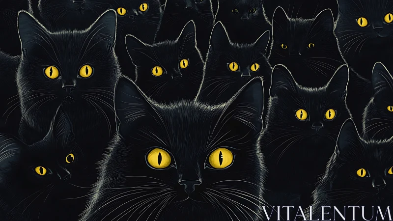 Dark Feline Congregation: Digital Illustration of Black Cats.