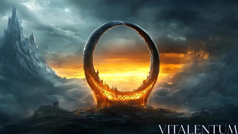 Circular portal structure encloses distant fiery light source