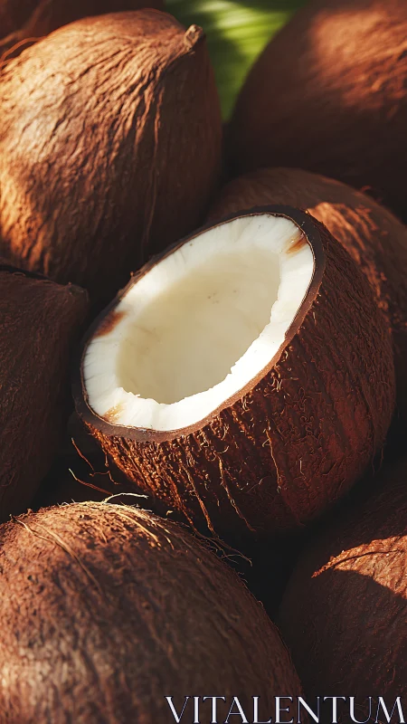 Macro close up of halved brown coconuts in warm daylight