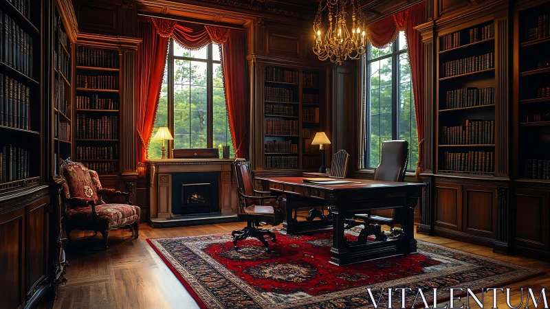 Velvet-curtained scholar&rsquo;s library wrapped in amber hush.