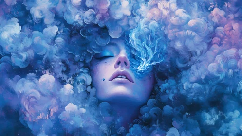 Ethereal female portrait in swirling blue celestial clouds.