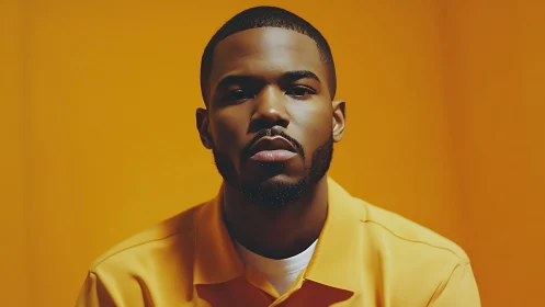 Serious portrait frames man in bold monochrome orange space