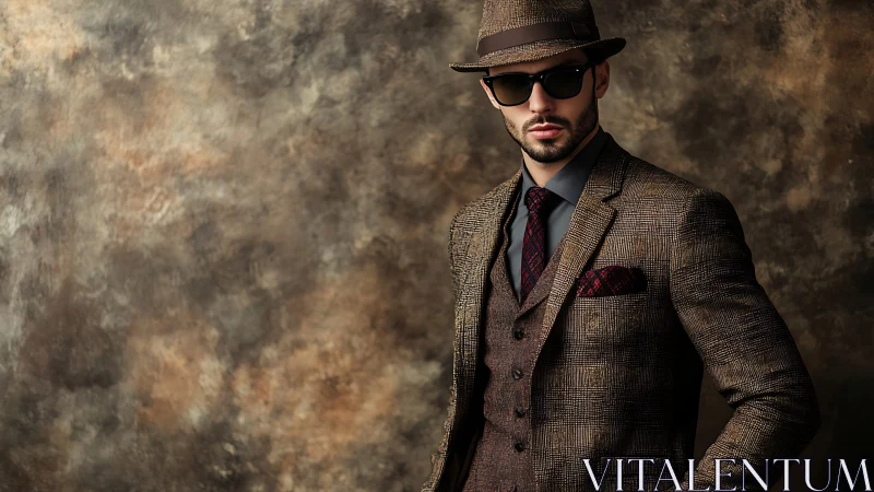 Dapper noir gentleman in tweed suit and shadowed intrigue.