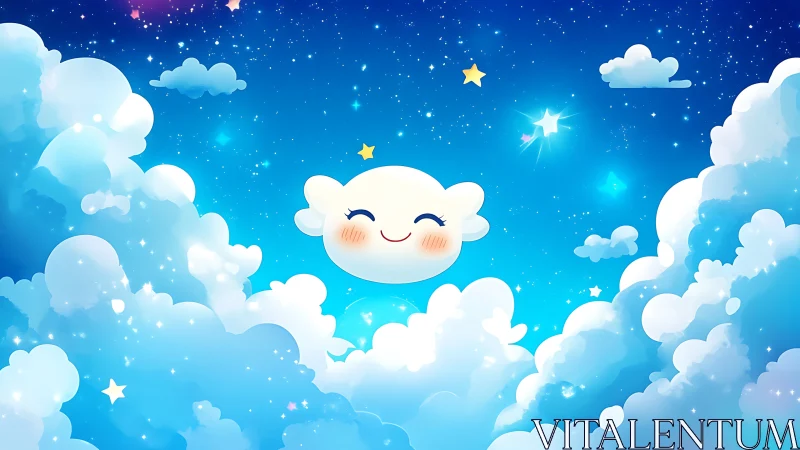Smiling cartoon cloud floating in bright starry night sky.