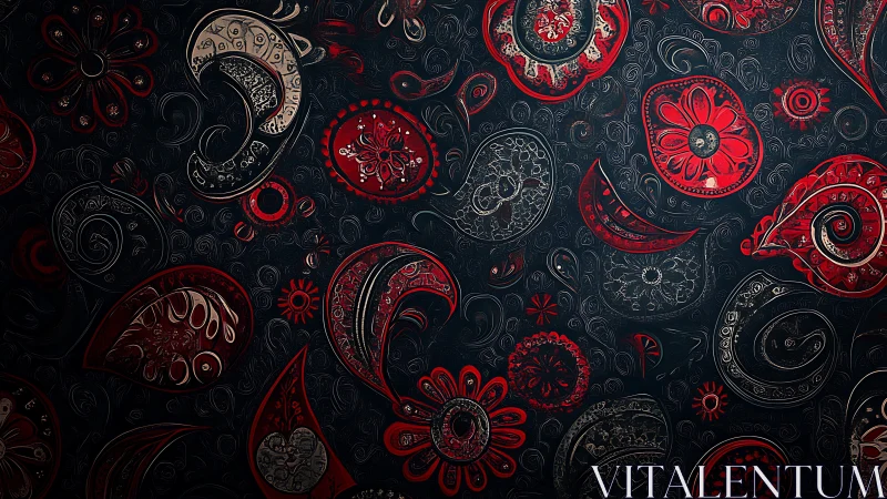 Rich paisley blooms glow in deep red and charcoal swirls