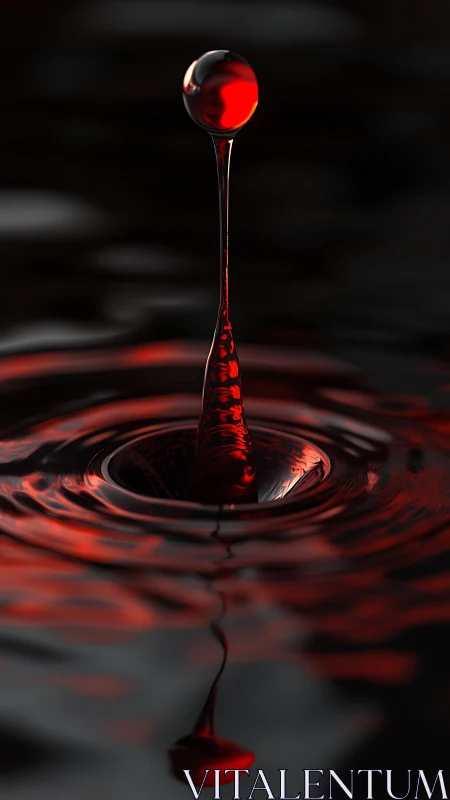 Red liquid droplet rising from dark reflective surface.