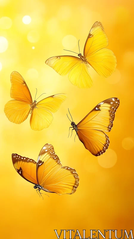 Golden butterflies drift gently through a glowing sunset sky