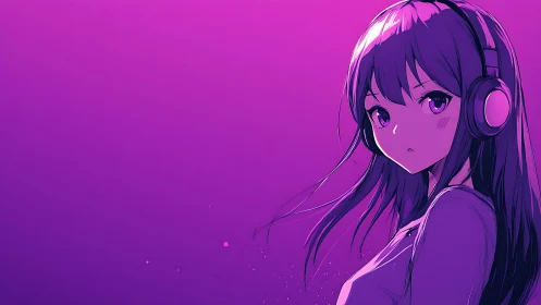 Purple anime girl with headphones against gradient background.