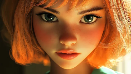 Sunlit emerald gaze in a freckled, softly glowing portrait.