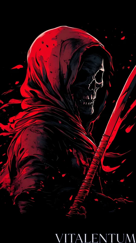 Hooded skeletal reaper rendered in high-contrast red-black vector