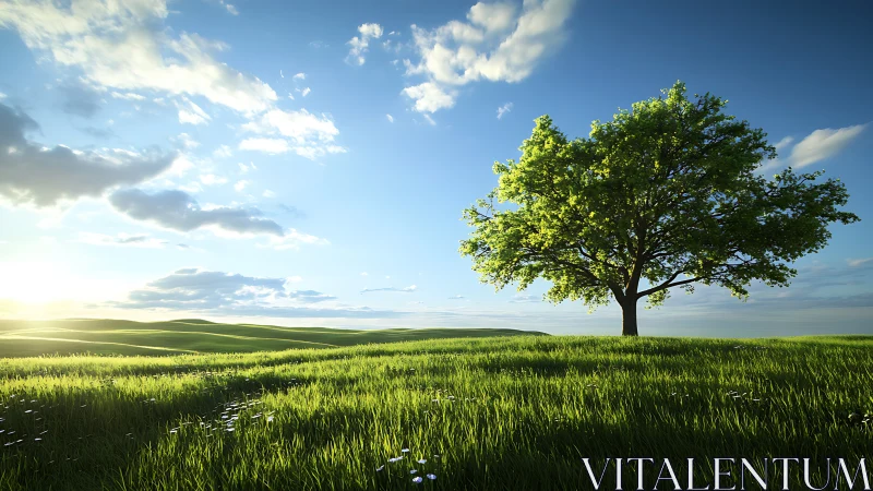 Solitary tree bathes in serene sunrise over rolling fields.