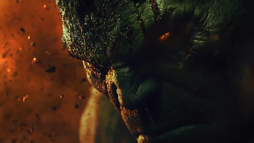 Volcanic-lit cracked green titan portrait in extreme close-up