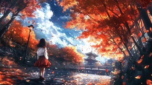 Girl walks through glowing autumn path toward distant pagoda